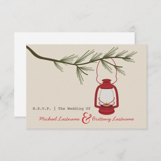 キャンプしている赤い油のランタンの常緑樹R.S.V.P.を結婚します 出欠カード (正面/裏面)