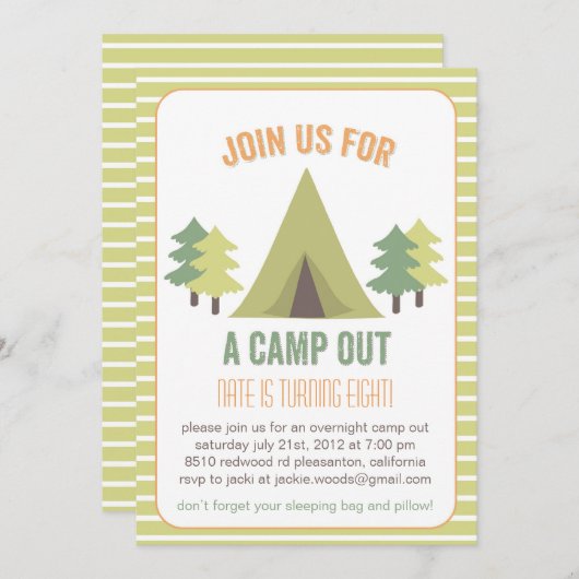 キャンプして下さい。 誕生日招待状 招待状 (正面/裏面)