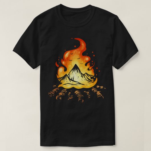 キャンプで山々とキャンプファイヤー Tシャツ (デザイン正面)