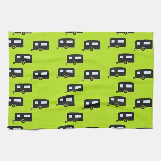 キャンプのトレーラーは緑 キッチンタオル (横)