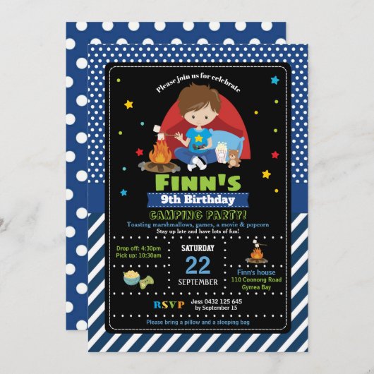 キャンプのパーティーの誕生日の招待状の男の子の眠り 招待状 (正面/裏面)