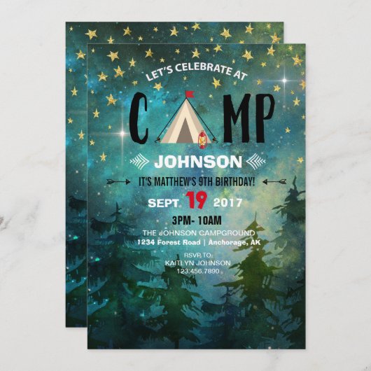 キャンプの夜の森林荒野の誕生日 招待状 (正面/裏面)
