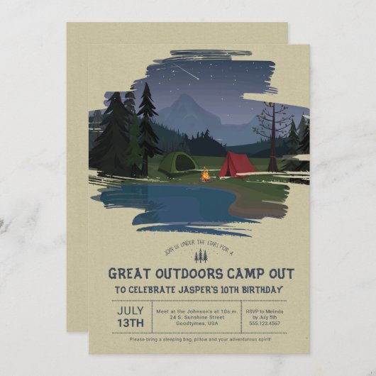キャンプの夜通しの週末の誕生会の招待 招待状 (正面/裏面)