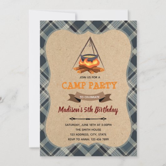 キャンプの宿泊パーティーのお誘い 招待状 (正面)