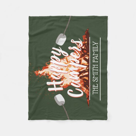 キャンプの篝火のご機嫌な人の深緑色家族 フリースブランケット (正面)