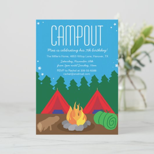 キャンプの糖菓の火の誕生日のパーティの招待状 招待状 (スタンド正面)