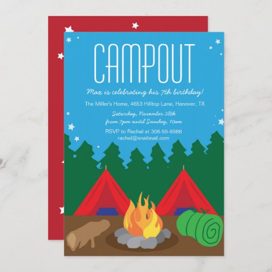 キャンプの糖菓の火の誕生日のパーティの招待状 招待状 (正面/裏面)