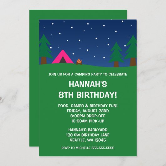 キャンプの誕生会の女の子の招待状 招待状 (正面/裏面)