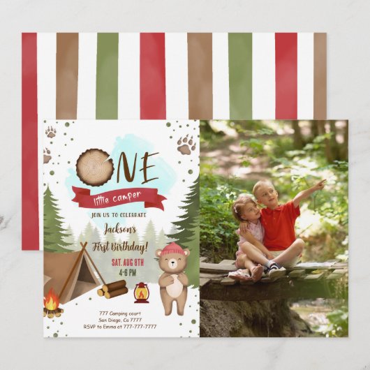 キャンプの誕生日写真招待状 招待状 (正面/裏面)