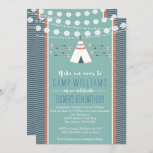 キャンプのSleepoverの男の子の誕生日の招待状 招待状 (正面/裏面)