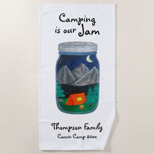 キャンプはジャムテントとジャーの山々 ビーチタオル (正面)