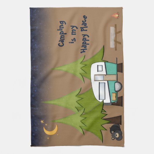 キャンプは私の幸せな場所のパーソナライズされたタオル キッチンタオル (縦)