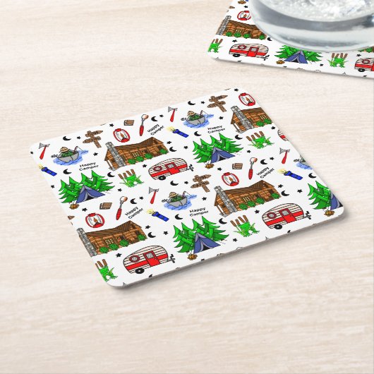 キャンプまたは中西部をテーマにしたハッピーキャンパー スクエアペーパーコースター (アングル)