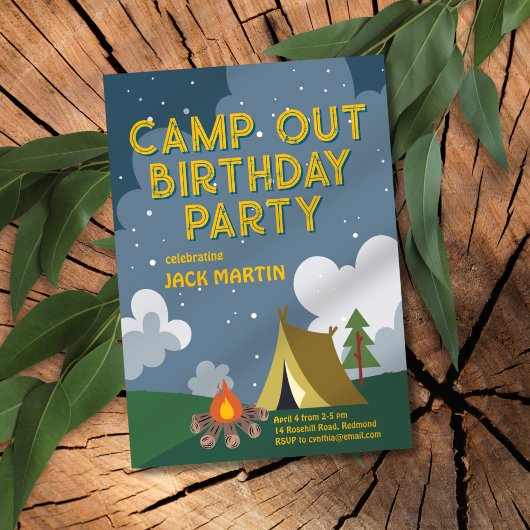 キャンプアウトをテーマにした誕生日招待状 招待状