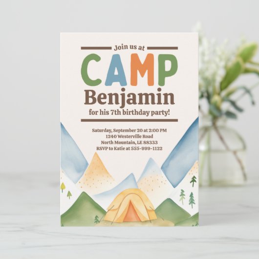 キャンプアウトドアバースデーパーティーの招待 招待状 (スタンド正面)