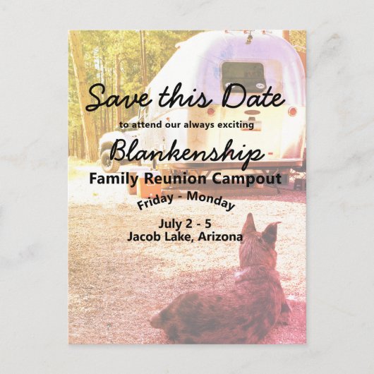 キャンプアウト懇親会お祝い日付テンプレートの保存 案内ポストカード (正面)