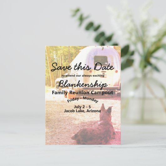 キャンプアウト懇親会お祝い日付テンプレートの保存 案内ポストカード (スタンド正面)