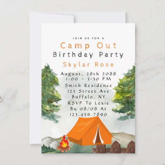キャンプアウト男の子の誕生日パーティーの招待状 招待状 (正面)