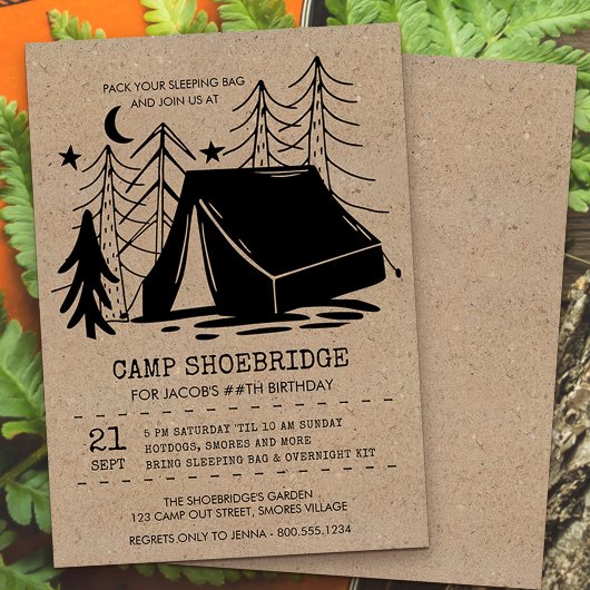 キャンプアウト素朴ドードルアートキャンプ誕生日 招待状