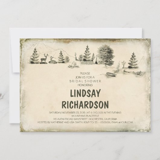 キャンプグラウンドイラストレーションキャンプブライダルシャワー 招待状 (正面)