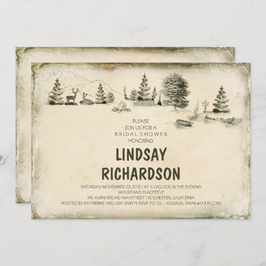 キャンプグラウンドイラストレーションキャンプブライダルシャワー 招待状 (正面/裏面)