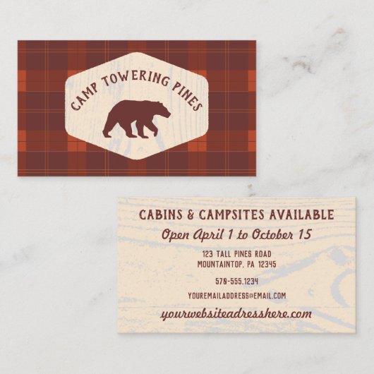 キャンプグラウンドキャビンレンタルルッ素朴クプレイドベア 名刺 (正面/裏面)