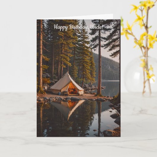 キャンプサイトとテントの横に湖の誕生日 カード (黄色い花)