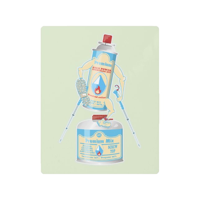 キャンプストーブのキャニスタおもしろいーハイキング メタルプリント (正面)