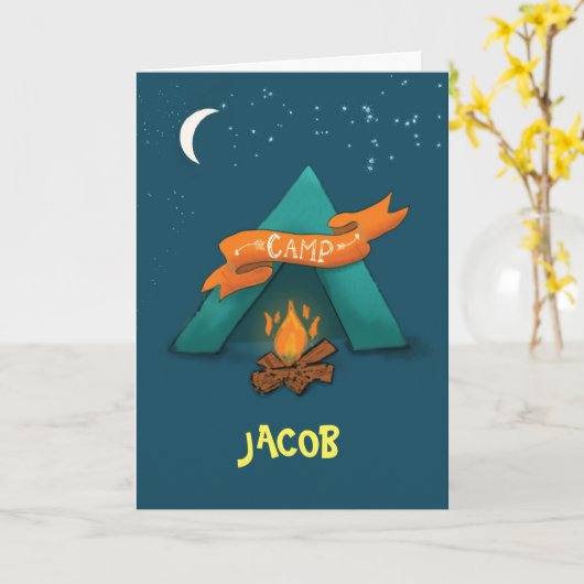 キャンプズ考えズオブユー名前をカスタムするテントとキャンプファイア カード (黄色い花)