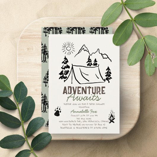 キャンプテントのベビーシャワー Adventure Awaits 招待状