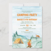 キャンプパーティーウッドランドウォーターカラーテント誕生日 招待状 (正面)