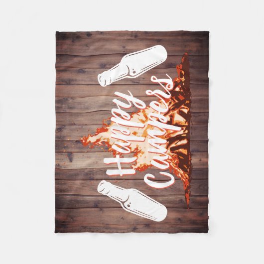 キャンプビール及び篝火のご機嫌な人の素朴な木 フリースブランケット (正面)