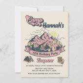 キャンプピンクマウンテンバースデーパーティースリープバー 招待状 (正面)