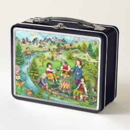 キャンプファイアのまわりにに腰掛ける子ども メタルランチボックス