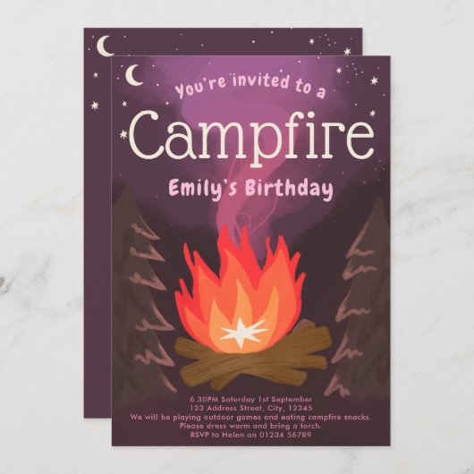 キャンプファイアアドベンチャーガールズバースデーパーティーの招待 招待状 (正面/裏面)