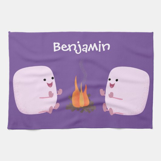 キャンプファイアマンガの可愛いピンクのマシュマロ キッチンタオル (横)