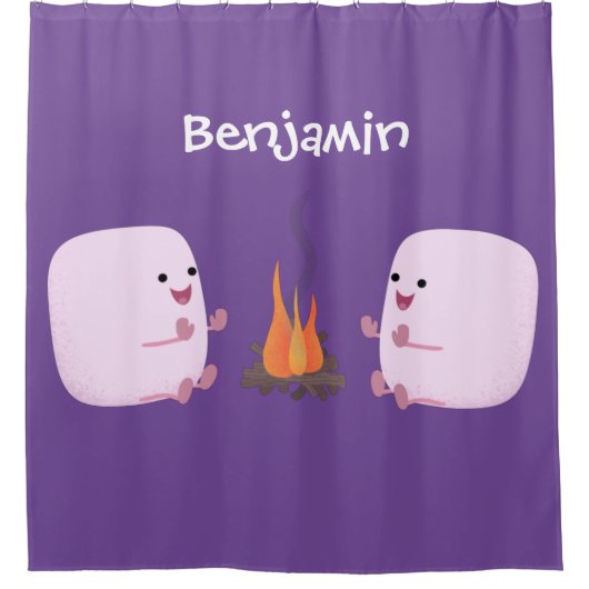 キャンプファイアマンガの可愛いピンクのマシュマロ シャワーカーテン (正面)