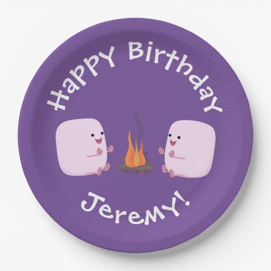 キャンプファイアマンガの可愛いピンクのマシュマロ ペーパープレート (正面)