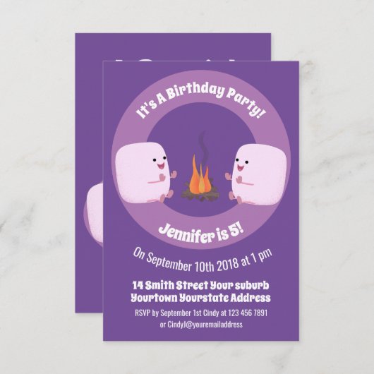 キャンプファイアマンガの可愛いピンクのマシュマロ 招待状 (正面/裏面)