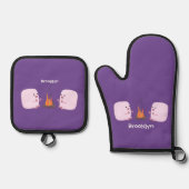 キャンプファイアマンガの可愛いピンクのマシュマロ 鍋つかみ&鍋敷きセット (正面)