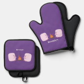 キャンプファイアマンガの可愛いピンクのマシュマロ 鍋つかみ&鍋敷きセット (正面/裏面)