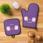 キャンプファイアマンガの可愛いピンクのマシュマロ 鍋つかみ&鍋敷きセット (トップダウン)