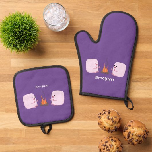 キャンプファイアマンガの可愛いピンクのマシュマロ 鍋つかみ&鍋敷きセット (トップダウン)