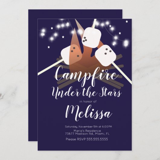 キャンプファイアマーシュマローズキャンピングアウトドアパーティー 招待状 (正面/裏面)