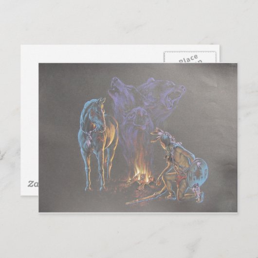 キャンプファイア先住民アメリカンインディアン戦士 ポストカード (正面/裏面)