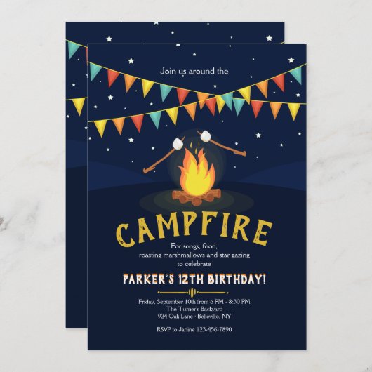 キャンプファイヤーとマシュマロの招待状 招待状 (正面/裏面)