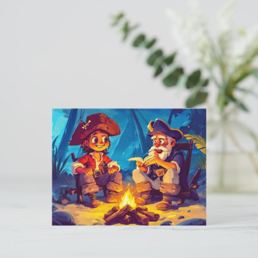 キャンプファイヤーによる海賊と古い船員の物語の共有 ポストカード (スタンド正面)