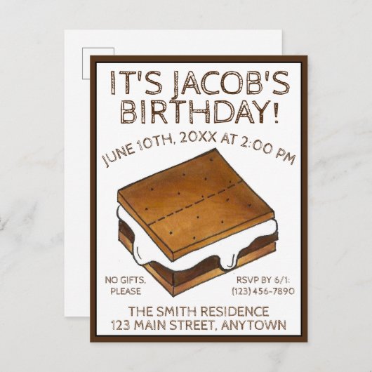 キャンプファイヤーのスモアーズ マシュマロ スモアーズ 誕生日パーティー インビテーションポストカード (正面/裏面)