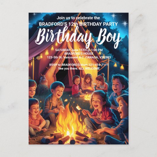 キャンプファイヤーの周りに集まった子供たち 誕生日パーティーに招待 ポストカード (正面)