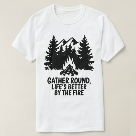 キャンプファイヤーの夜 山の森のシルエット 引用 Tシャツ (デザイン正面)